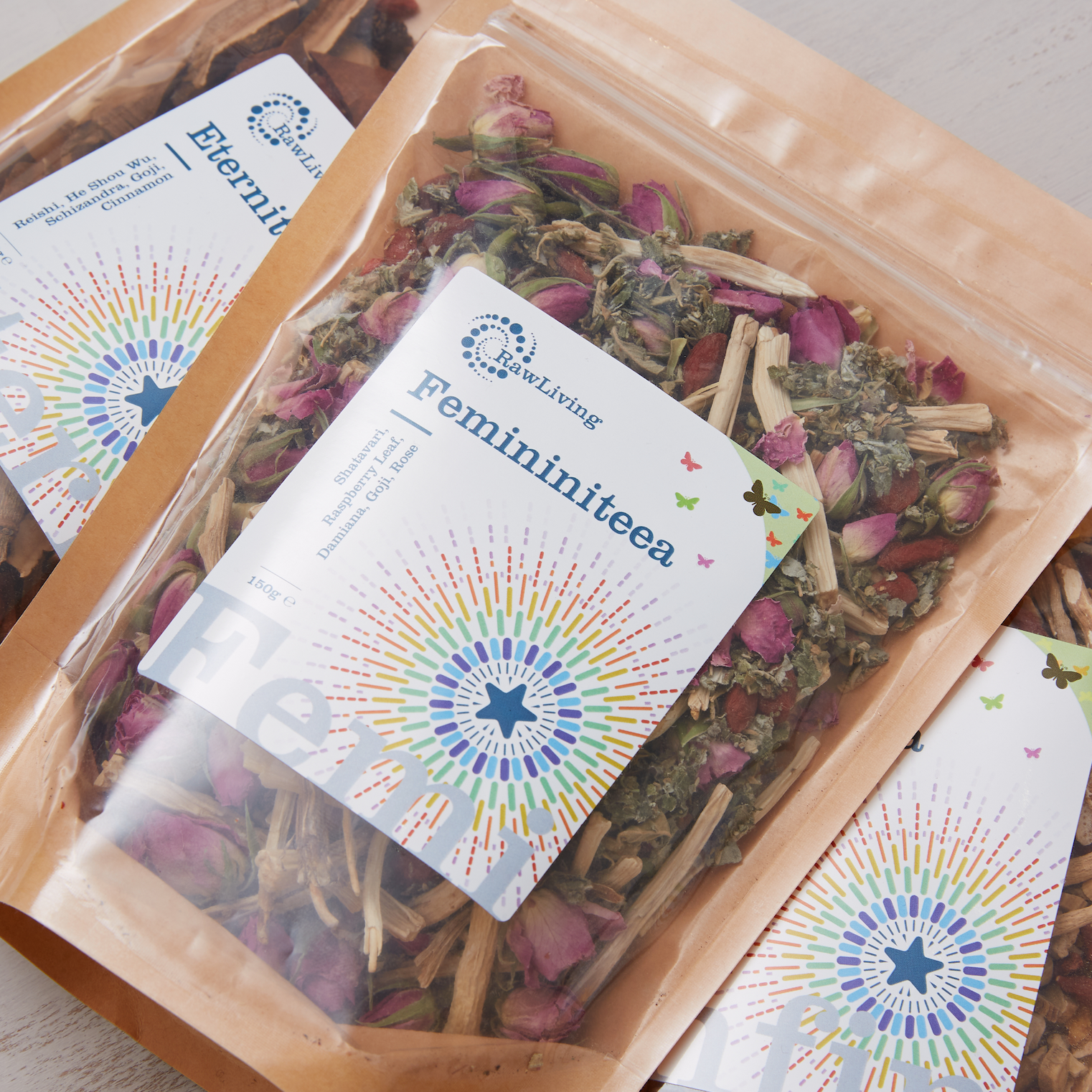Femininiteea | A RealiTea | Raw Living UK | Loose Leaf Herbal Teas | Raw Living Femininiteea is a Premium Loose Leaf Herbal Tea made with a blend of Shatavari Root, Raspberry leaf, Damiana, Goji Berries &amp; Whole Rosebuds.