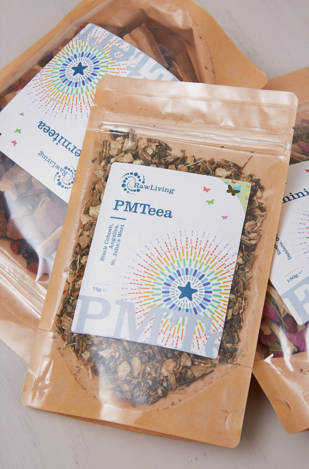 PMTeea | A RealiTea | Raw Living UK | Loose Leaf Herbal Teas | Raw Living PMTeea is a Premium Loose Leaf Herbal Tea made with a soothing blend of Black Cohosh, St Johns Wort, and Angelica.