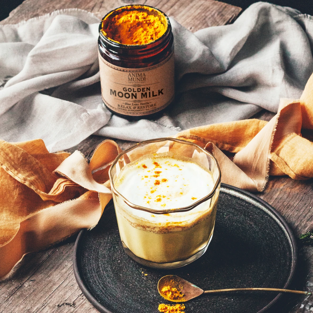 Golden Moon Milk (5oz) | Anima Mundi | Raw Living UK | Herbs & Tonic Herbs | Anima Mundi's Golden Moon Milk contains relaxing plants, such as Ashwagandha, along with restorative 'spirit' plants such as Reishi, and Blue Flower.