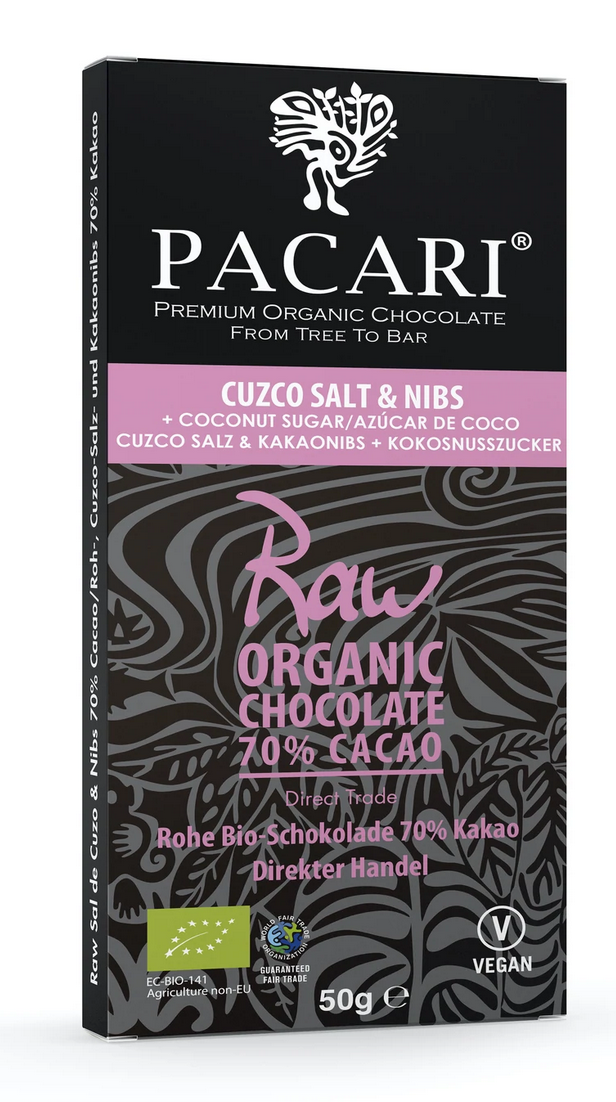 Organic 70% Cacao with Salt &amp; Nibs | Pacari | Raw Living UK | Pacari 70% Cacao Raw Chocolate Bar with Salt &amp; Nibs is a delicious Vegan, Plant Based, Low-Sugar Chocolate. Pacari bring together taste, nutrition &amp; ethics.