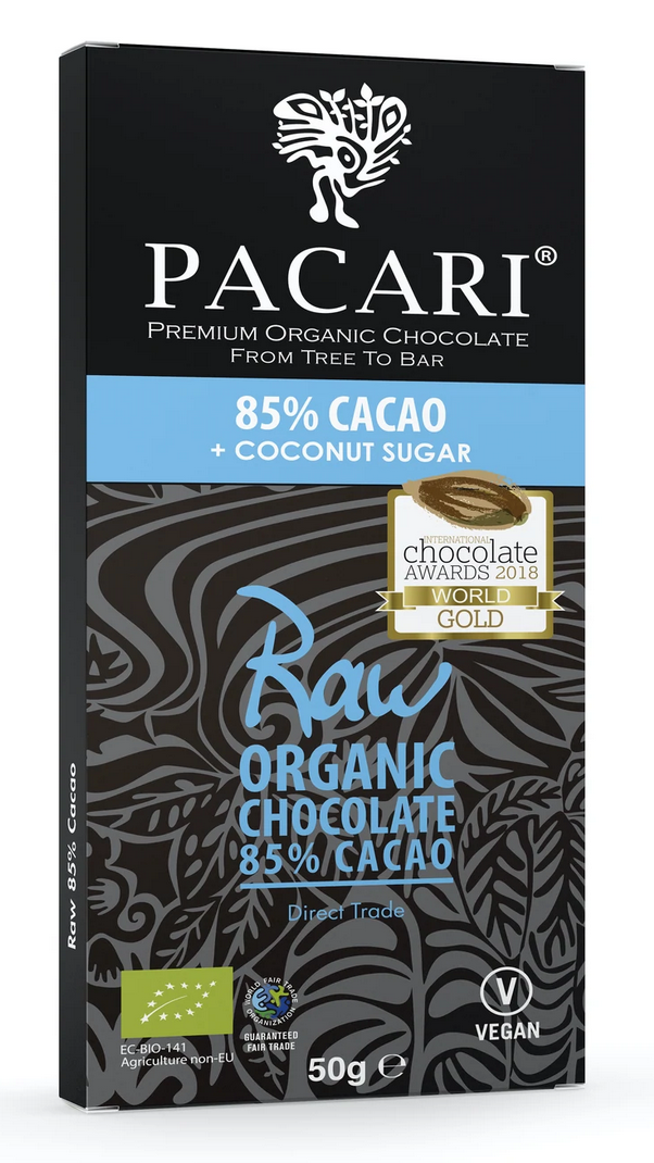 85% Cacao Raw Chocolate Bar (50g) | Pacari | Raw Living UK | Pacari 85% Cacao Raw Chocolate Bar is premium &amp; delicious Vegan, Plant Based, Low-Sugar Chocolate. Pacari bring together taste, nutrition &amp; ethics.