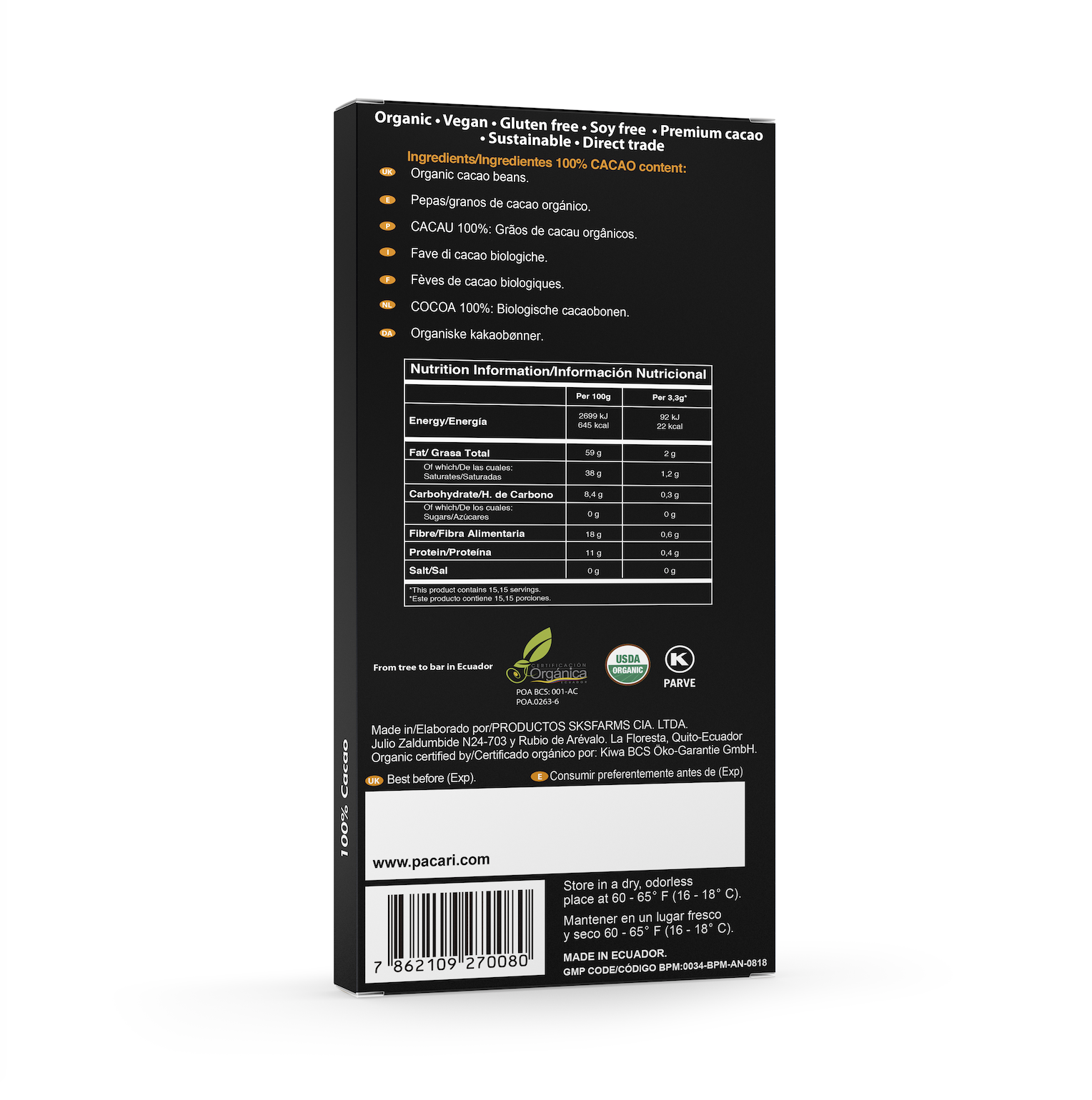 Paccari Raw Organic Chocolate Bar 100% (50g)