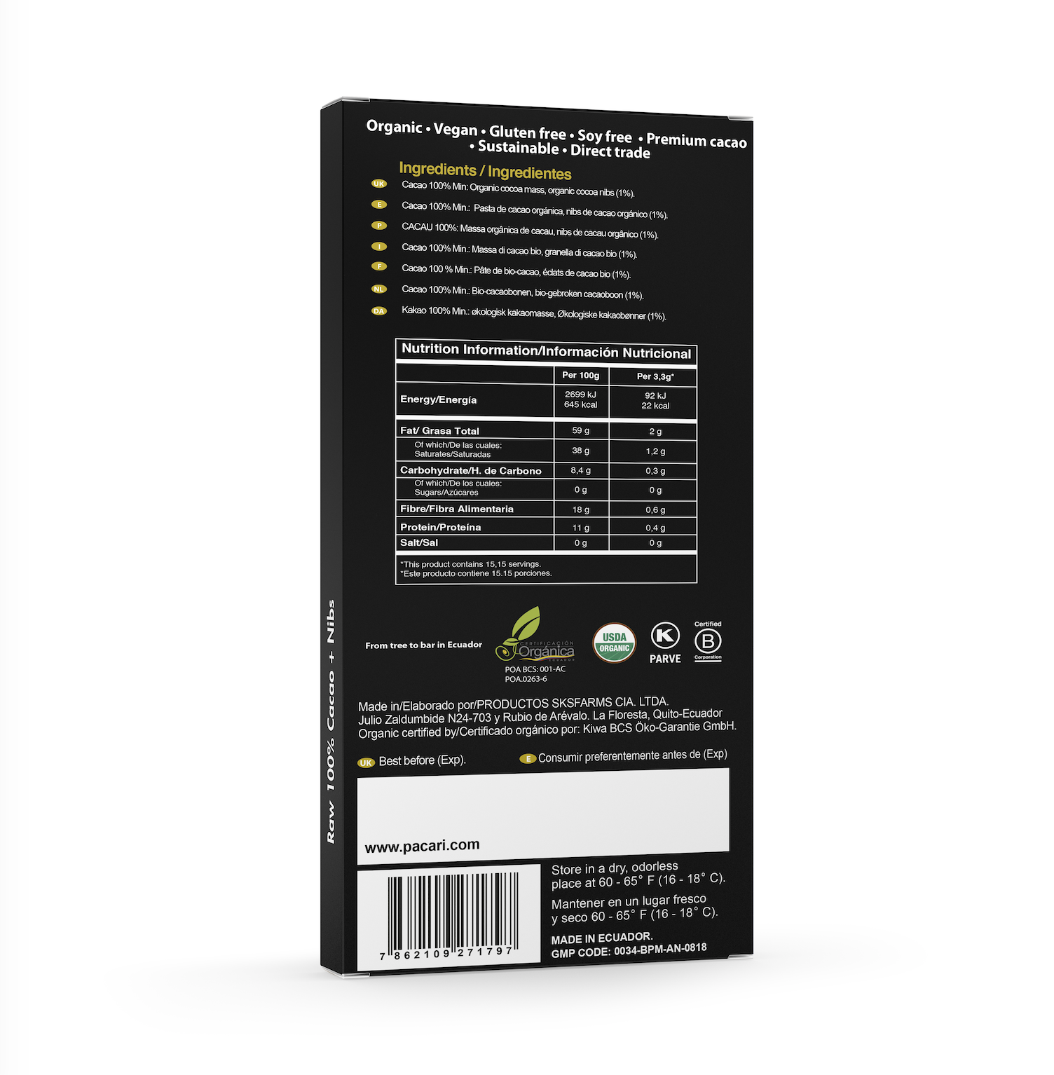 Paccari Raw Organic Chocolate Bar 100% With Nibs (50g)