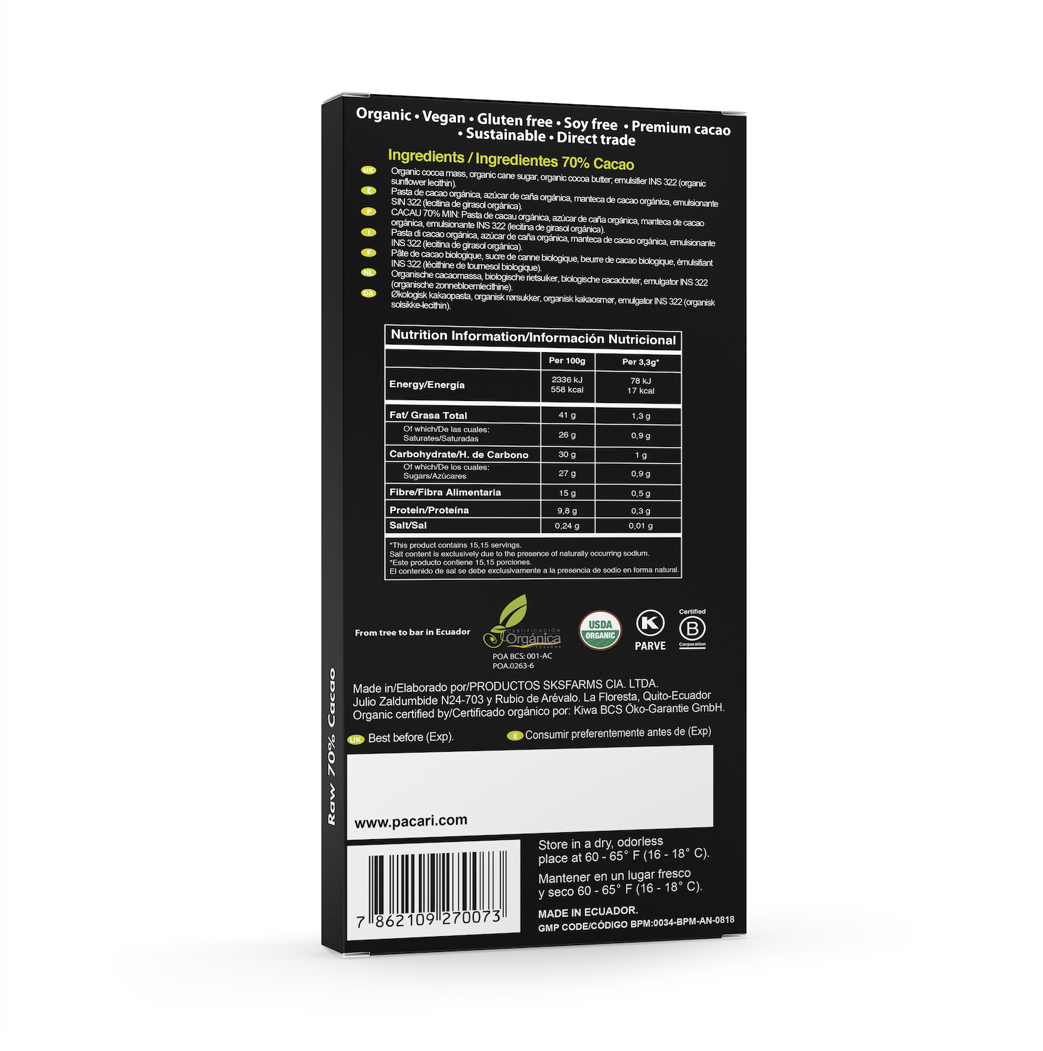 Paccari Raw Organic Chocolate Bar 70% (50g)