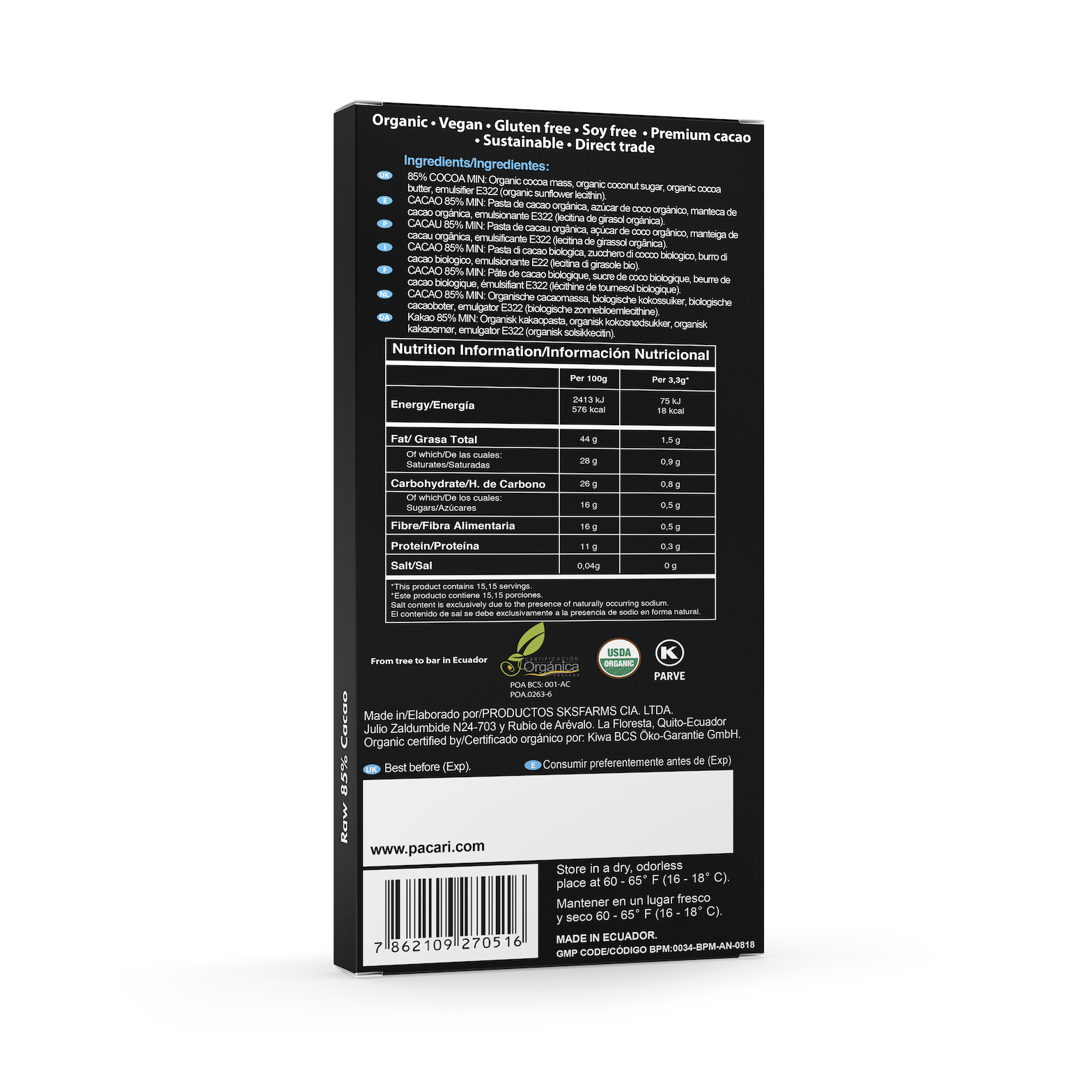 Paccari Raw Organic Chocolate Bar 85% (50g)