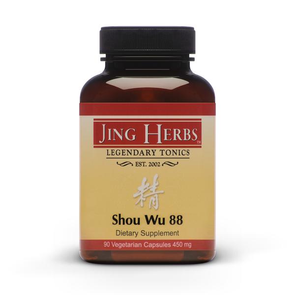 Shou Wu 88 (90 Caps) | Jing Herbs | Raw Living UK | Jing Herbs Shou Wu 88 Formula: a blend of the great tonic herb He shou wu (Fo-ti) & Cornus (Chinese cherry fruit) designed to nourish Jing & promote longevity.