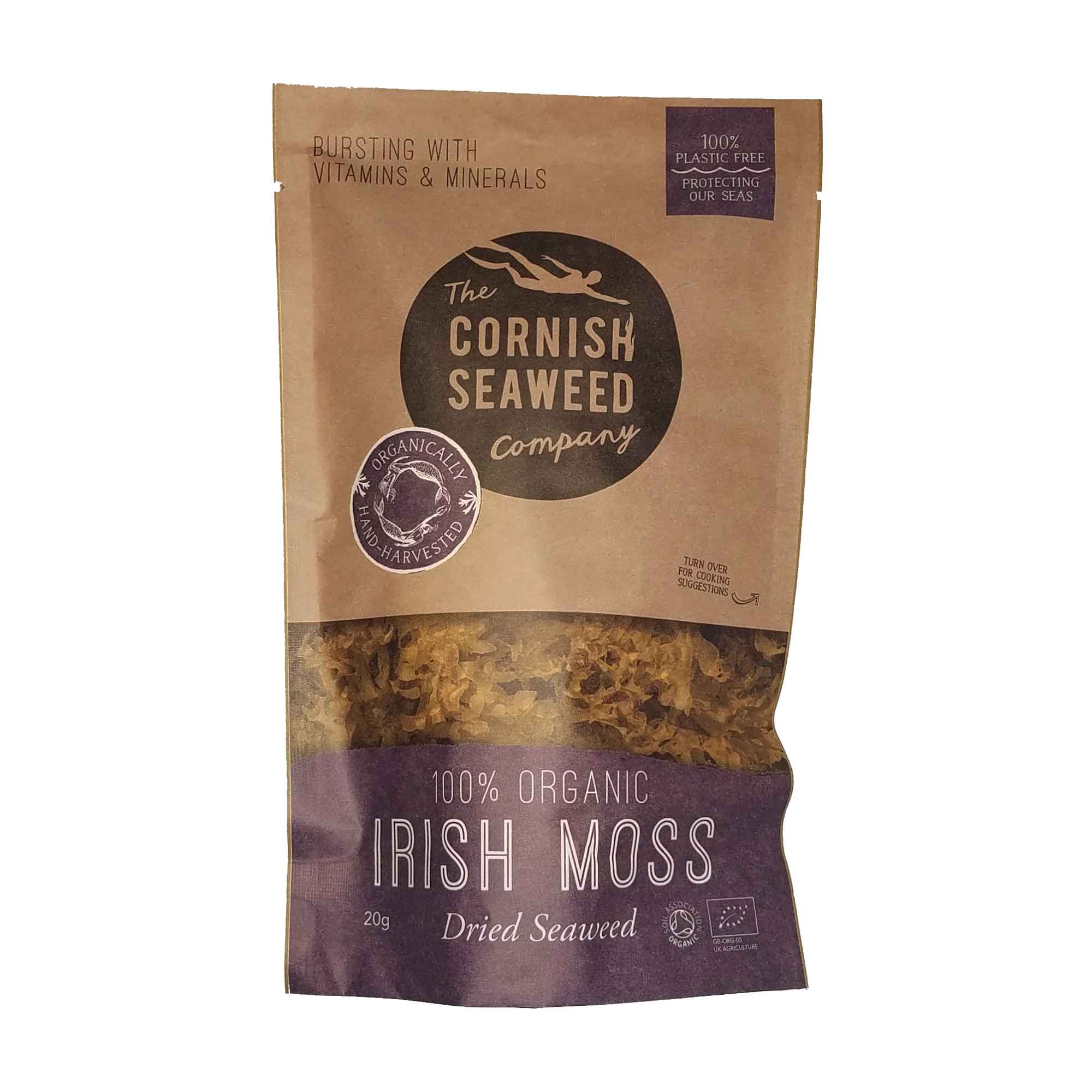 Packaging of The Cornish Seaweed Company's Irish Moss, showing a brown paper bag with a window displaying the dried seaweed inside, and labels indicating it is 100% Organic Irish Moss, 20g, dried seaweed.