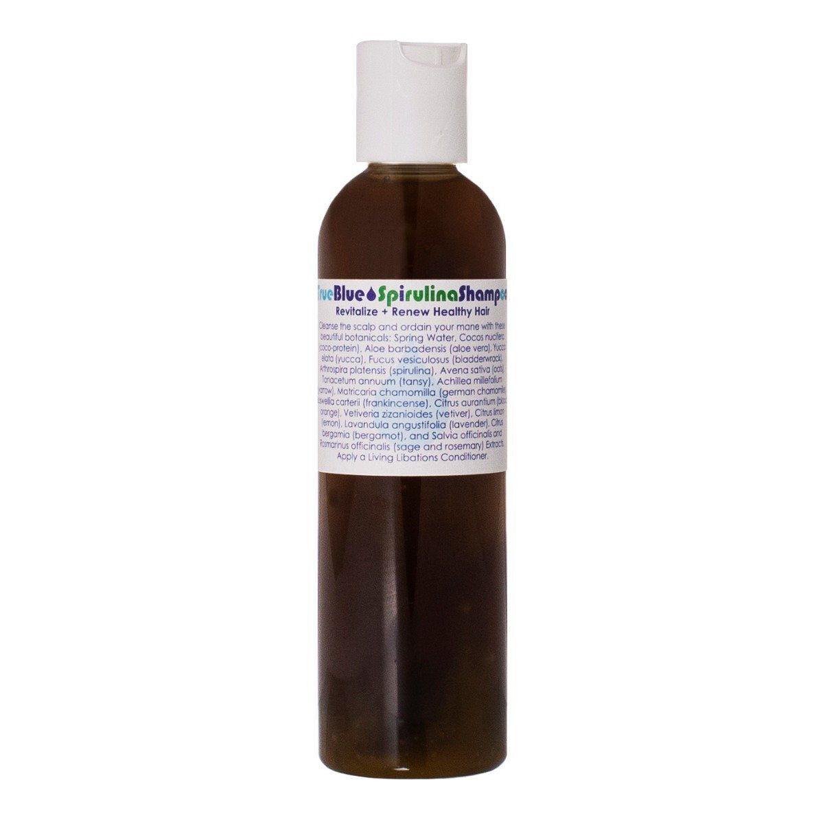 True Blue Spirulina Shampoo | Living Libations | Raw Living UK | Hair Care | Beauty | Living Libations True Blue Spirulina Shampoo (30, 120, 240ml): Natural & Vegan Haircare, with Aloe Vera, Blue Tansy, Yarrow, German Chamomile & Frankincense.