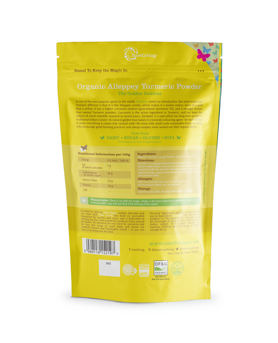 Organic Turmeric Powder (5% Curcumin) | Raw Living UK | Raw Foods | Super Foods | Raw Living Premium Organic Turmeric Powder (5% Curcumin) is a root which has long been prized in traditional Indian cuisine &amp; used as an Anti-Inflammatory.