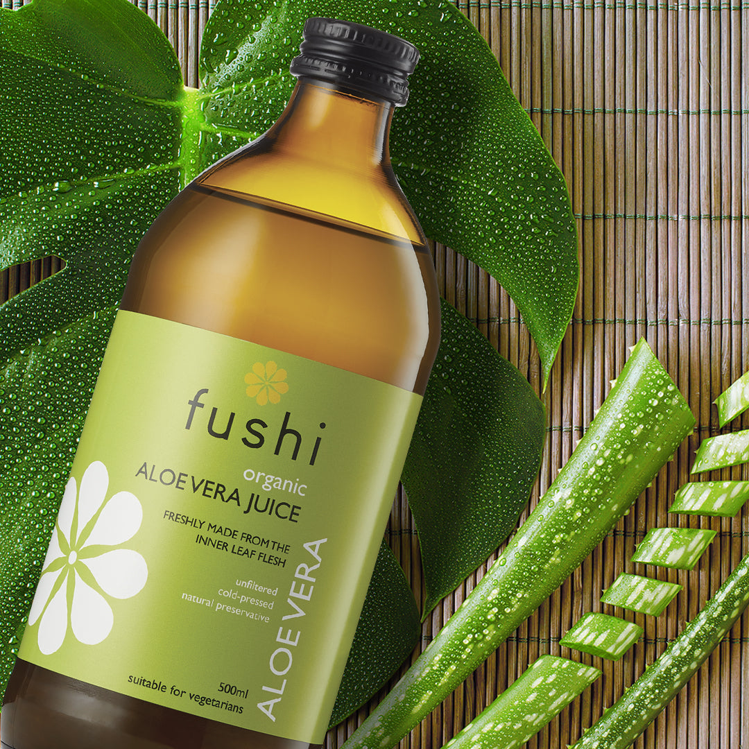 Organic Pure Aloe Vera Juice (500ml) | Fushi | Raw Living UK | Fushi Organic Pure Aloe Vera Juice is highest quality &amp; cold-processed. Loaded with vitamins, Aloe Vera is an adaptogen and is known to aid digestion.