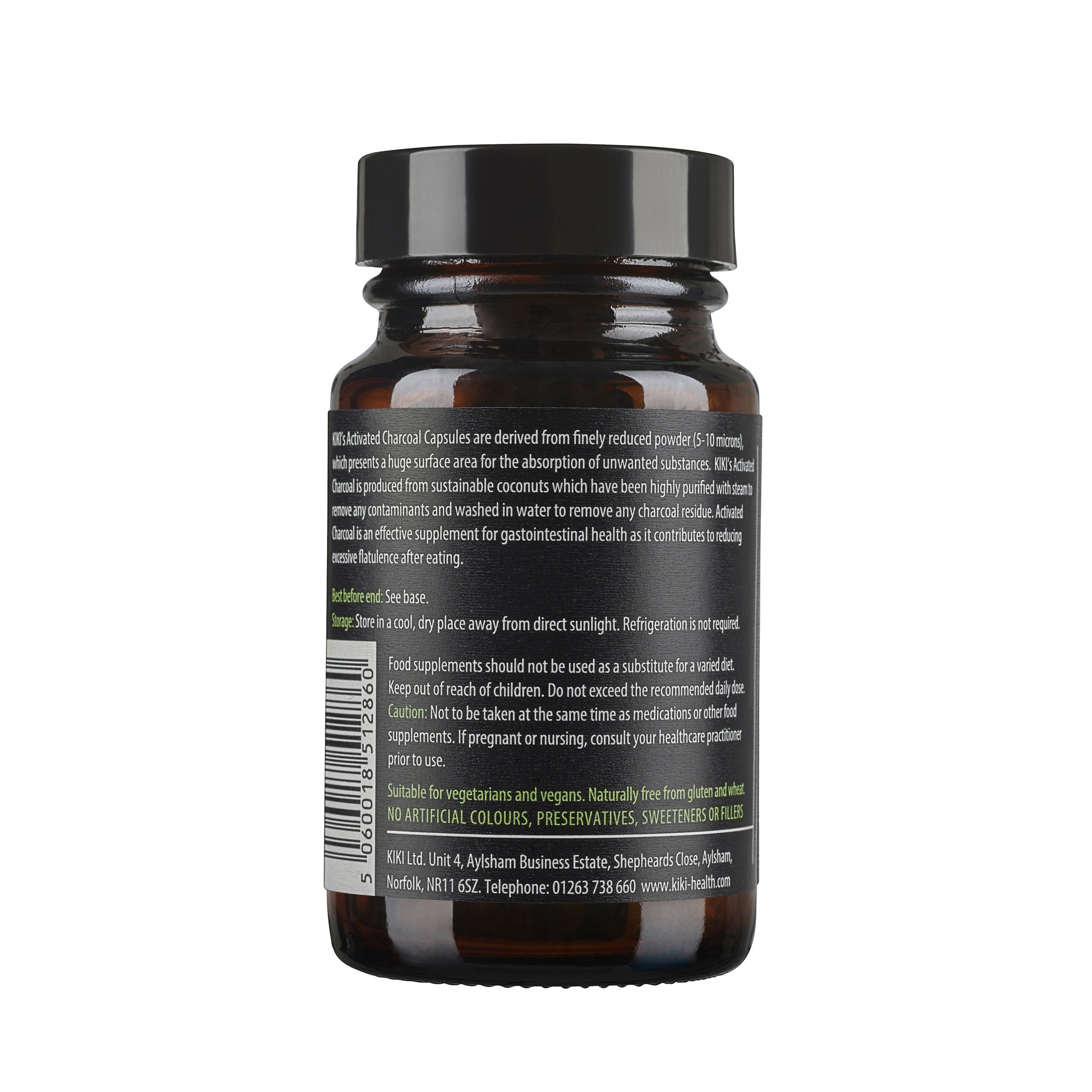 Activated Charcoal Capsules | Kiki Health | Raw Living UK | Supplements | Kiki Health Activated Charcoal Capsules (50 x 300mg) a high-quality, pure carbon supplement. Absorbs gasses & particles in the digestive tract. Whitens teeth.