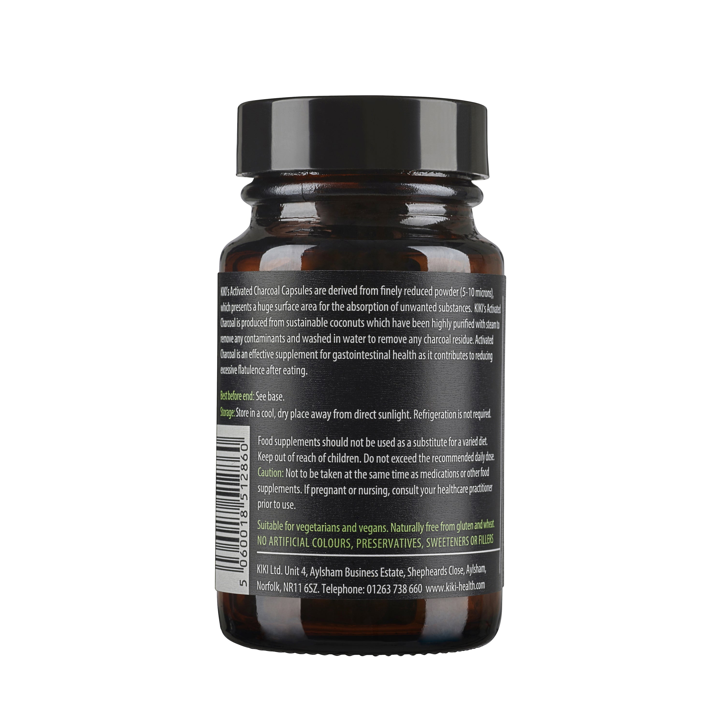 Activated Charcoal Capsules | Kiki Health | Raw Living UK | Supplements | Kiki Health Activated Charcoal Capsules (50 x 300mg) a high-quality, pure carbon supplement. Absorbs gasses & particles in the digestive tract. Whitens teeth.