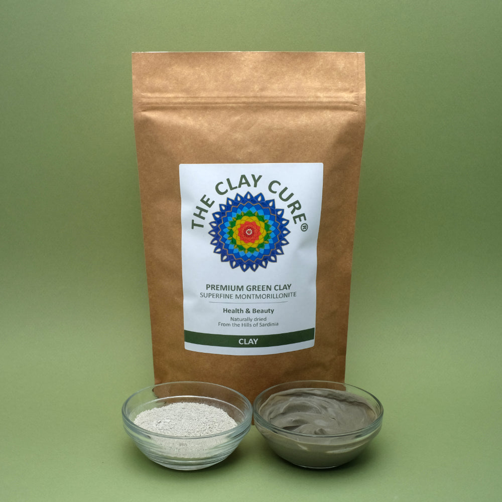 Premium Green Clay Superfine | The Clay Cure | Raw Living | The Clay Cure Pure Clay Superfine Montmorillonite Green Clay is 100% Pure &amp; Naturally Dried From the hills of Sardinia.