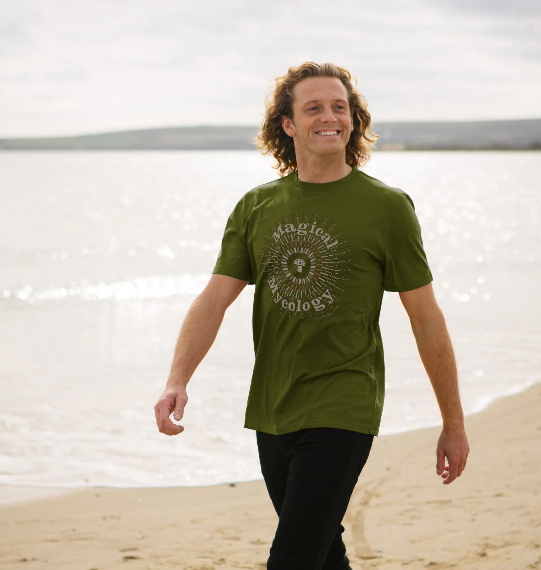 Moss Green Men&#39;s Organic Cotton T-shirt - Magical Mycology | Men&#39;s &#39;Magical Mycology&#39; T-Shirt available in sizes S-XXL and in two colourways, Moss Green and Black.