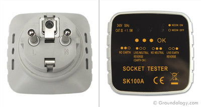 Grounding Socket Tester (EU) | Groundology | Raw Living UK | EMF & Energy Protection | Groundology Socket Tester (EU) verifies that a EU type mains outlet socket is wired properly and grounded. It's worth checking older properties, in particular.