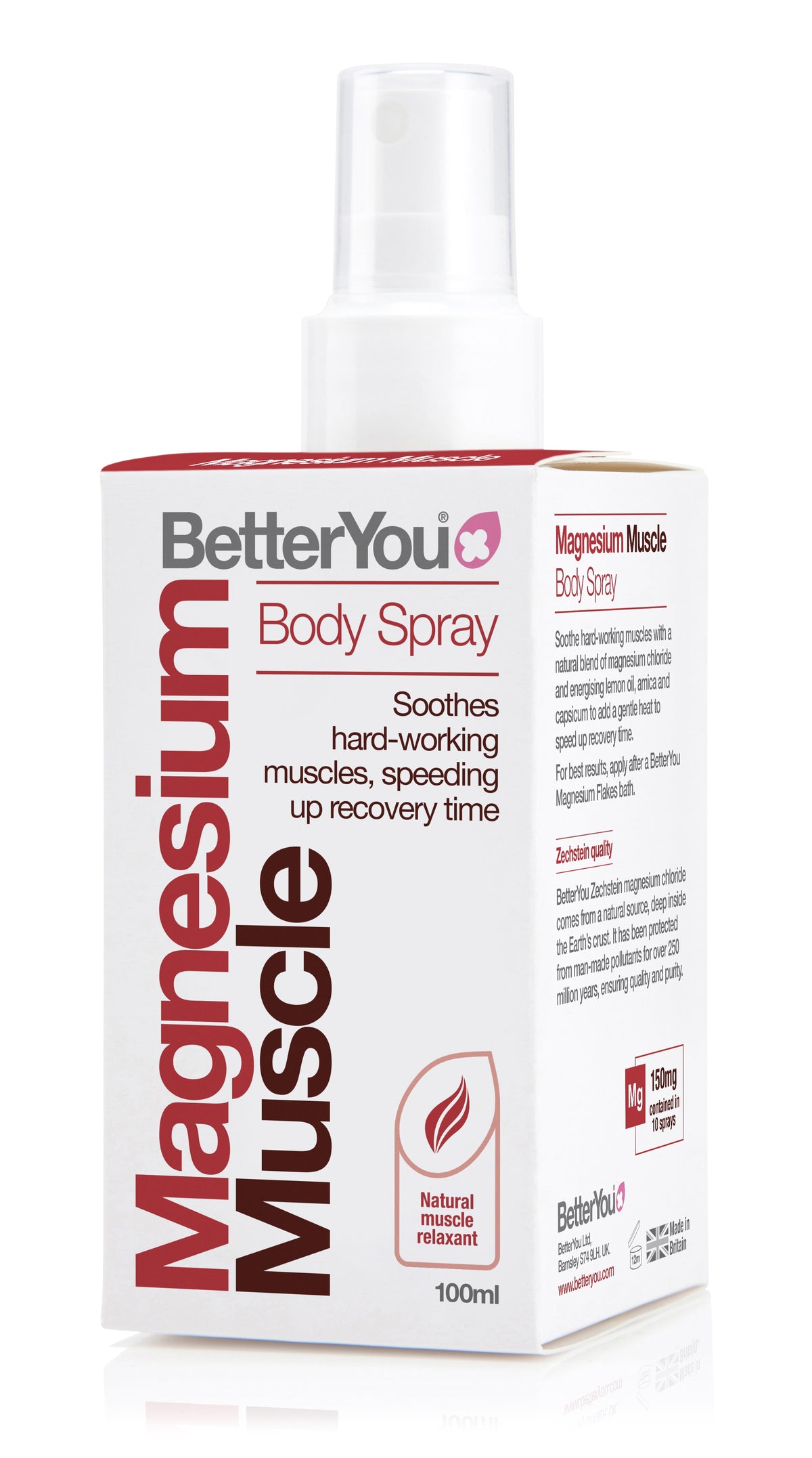 Magnesium Muscle Body Spray (100ml) | Better You | Raw Living UK | Supplements | BetterYou Magnesium Muscle Body Spray soothes hard-working muscles with a natural blend of Magnesium Chloride &amp; Energising Lemon Oil, Arnica &amp; Capsicum.